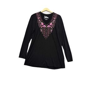 SAHALIE Womens Embroidered Top Size Large Black Bohemian Hippie Gypsy Long Slv